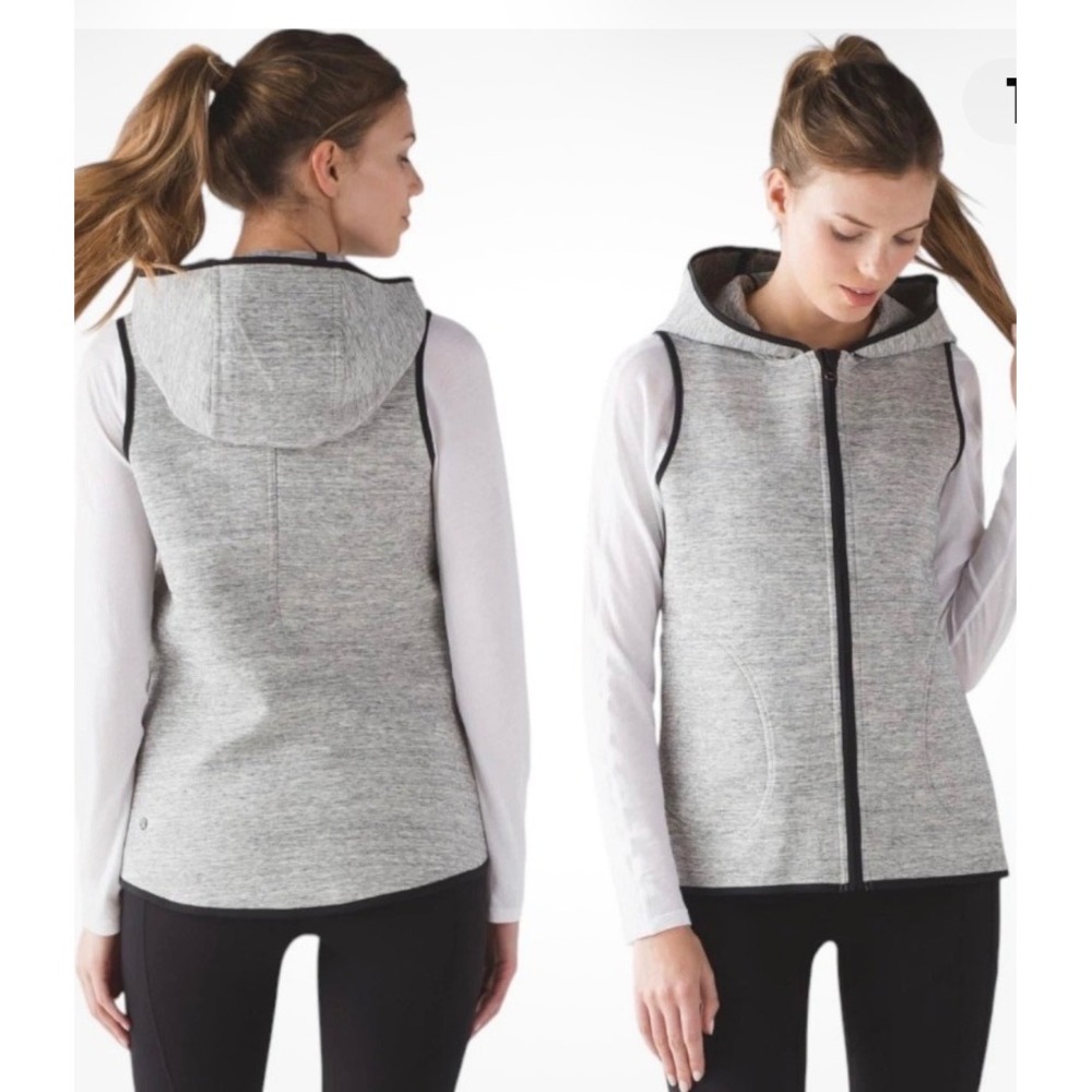 Lululemon Space Dye Heathered Gray Hooded Full Zip Vest Black Trim Womens S